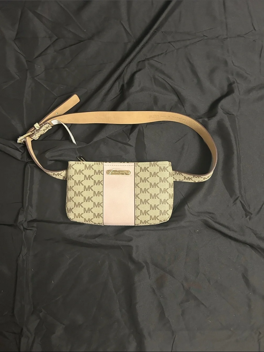 Michael Kors Beige Logo-Print Crossbody with Pink Center Panel